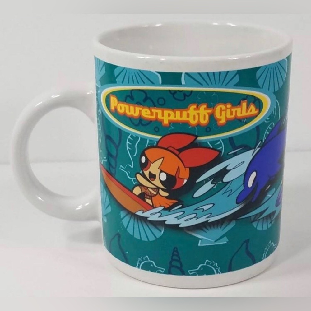 Powerpuff Girls Teal Turquoise Sea Shell Surfing Coffee Cup Mug Nickelodeon 2003
